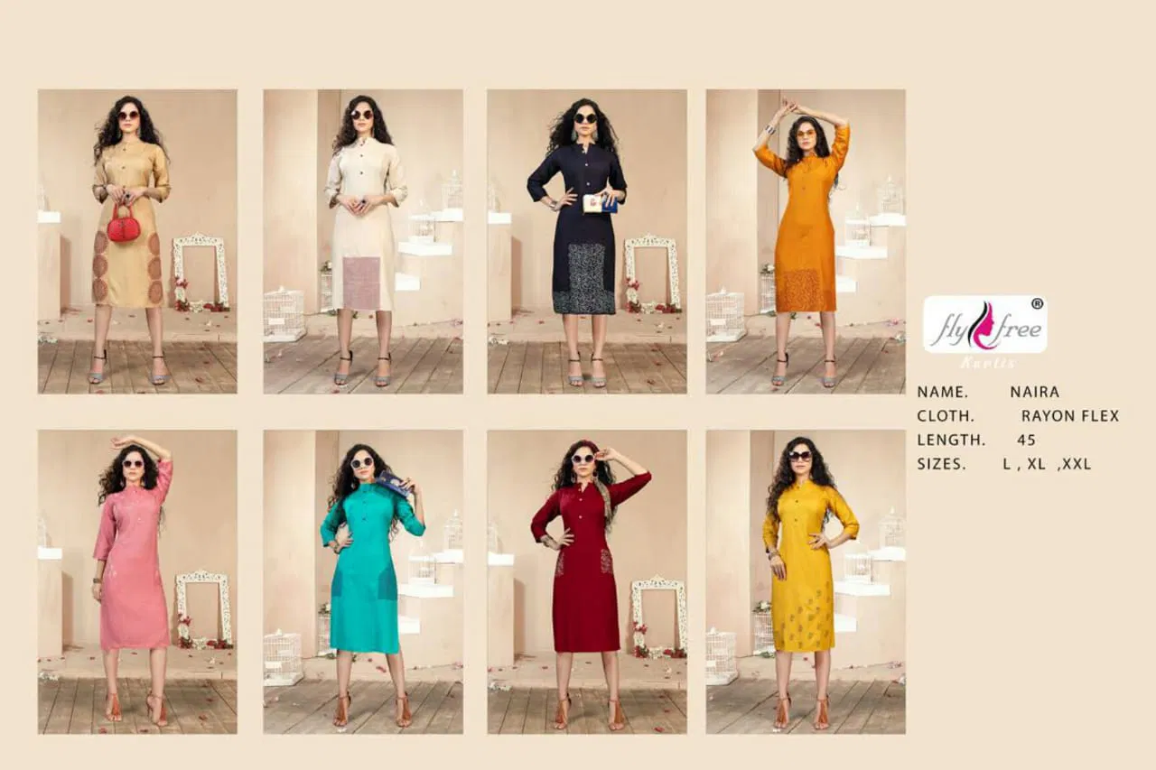 Fly Free Naira Latest Fancy Regular Casual Wear Heavy Rayon Designer Kurtis Collection
